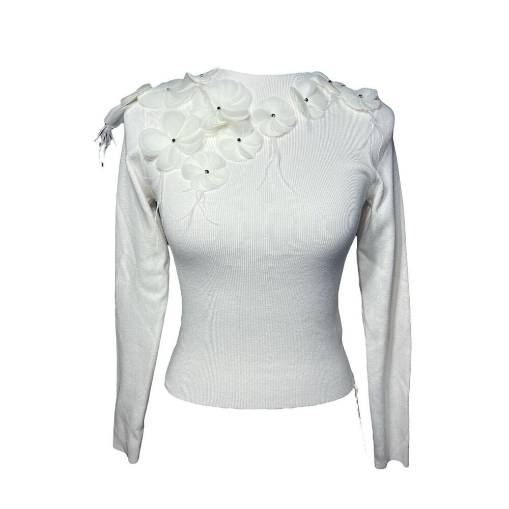 Commense Women’s Small White Floral Detail Long Sleeve Knit Cottagecore Boho Top
